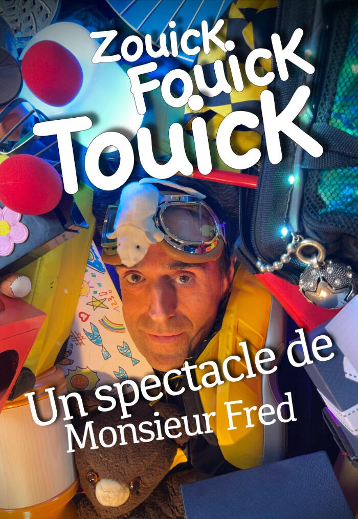 Illustration de Monsieur Fred courant dans un univers fantastique pour le spectacle “Zouick, fouick, touick”.