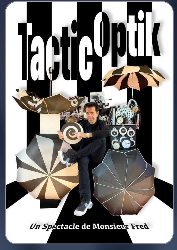 Affiche colorée d’un spectacle de magie et d’illusions d’optique pour enfants et familles.