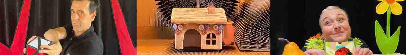 Bandeau d'acceuil Monsieur Fred et Aurore la comédienne sur scène et le spectacle “Risque-Tout”, captivant enfants et familles avec des numéros de magie et d’animation interactifs dans les hauts-de-france et normandie