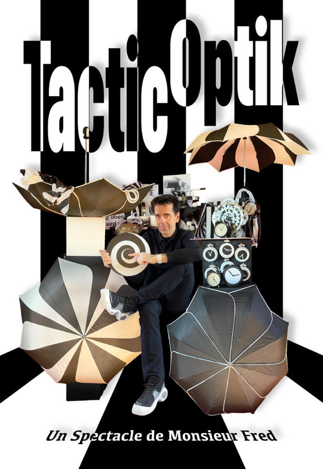 Affiche colorée d’un spectacle de magie et d’illusions d’optique pour enfants et familles.