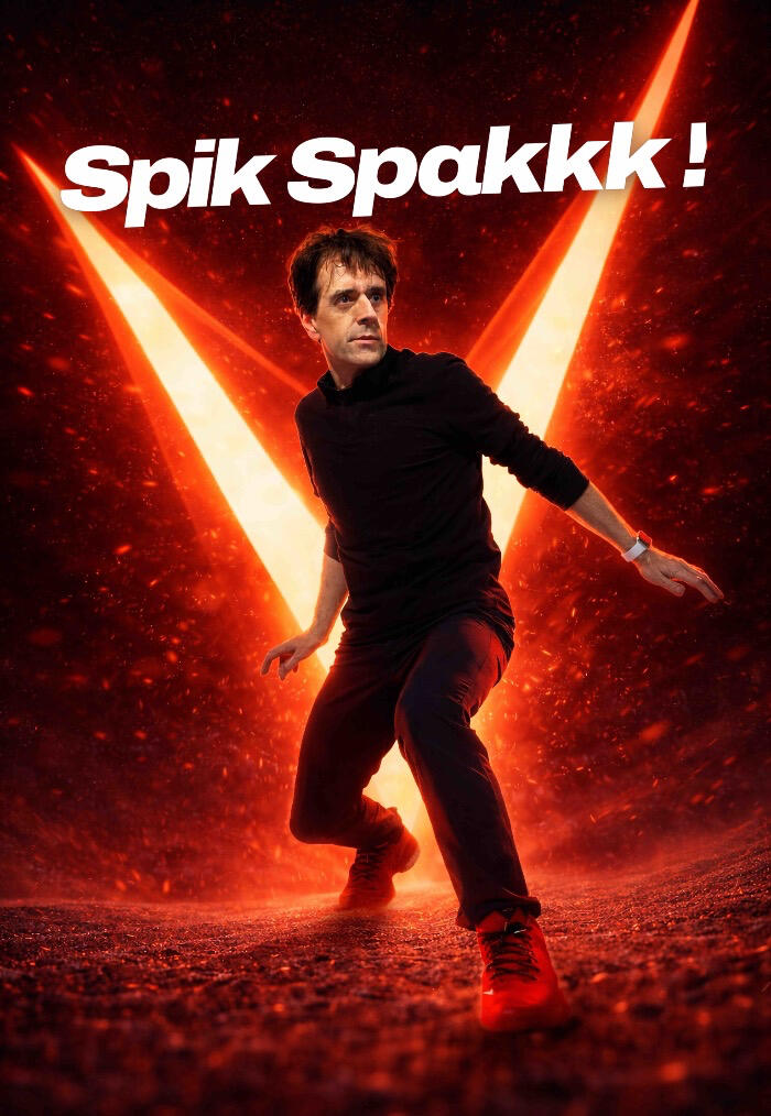 Spik Spakkk Affiche du spectacle de Monsieur Fred, Spik spakkk dans son décor avant-gardiste le représentant dans un décor avant-gardiste rouge vif.